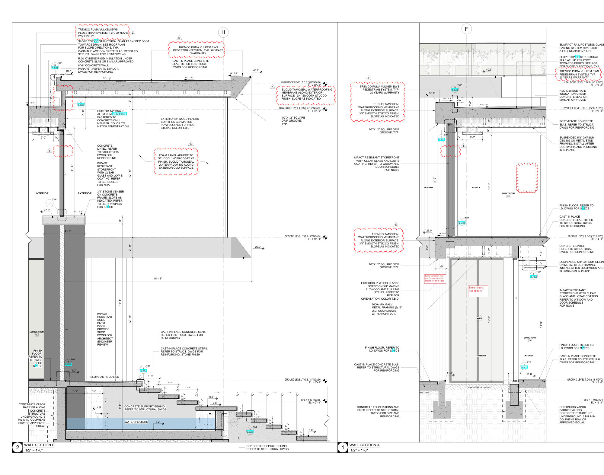 Wall sections with waterproofing and cladding notes